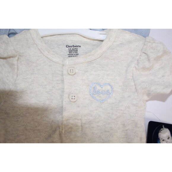 Gerber Onesies 3 Pack Girls 3-6 months Cream Brown Blue Buttons Short Sleeve NWT - Picture 4 of 10